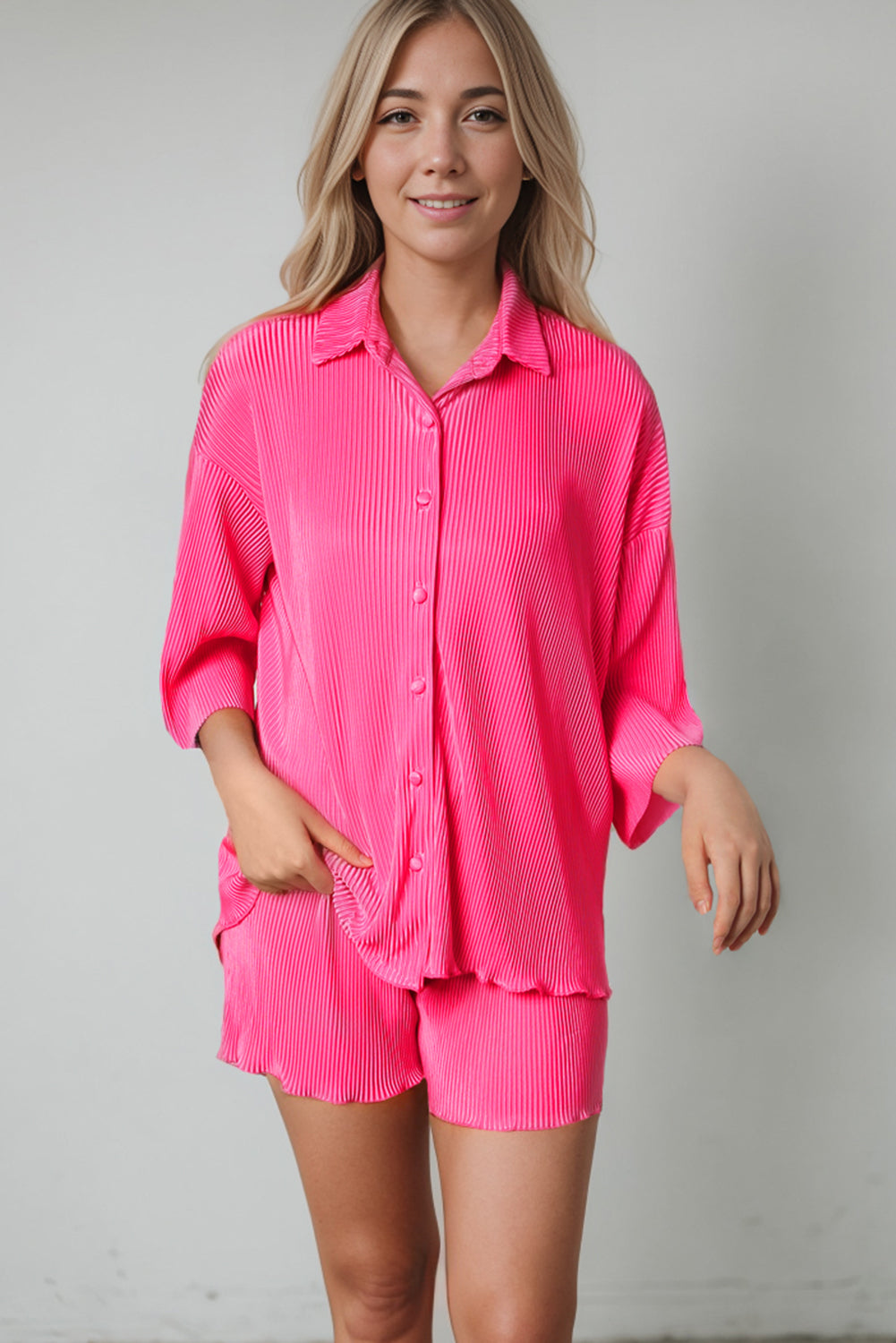 Black 3/4 Sleeves Pleated Shirt and High Waist Shorts Lounge Set