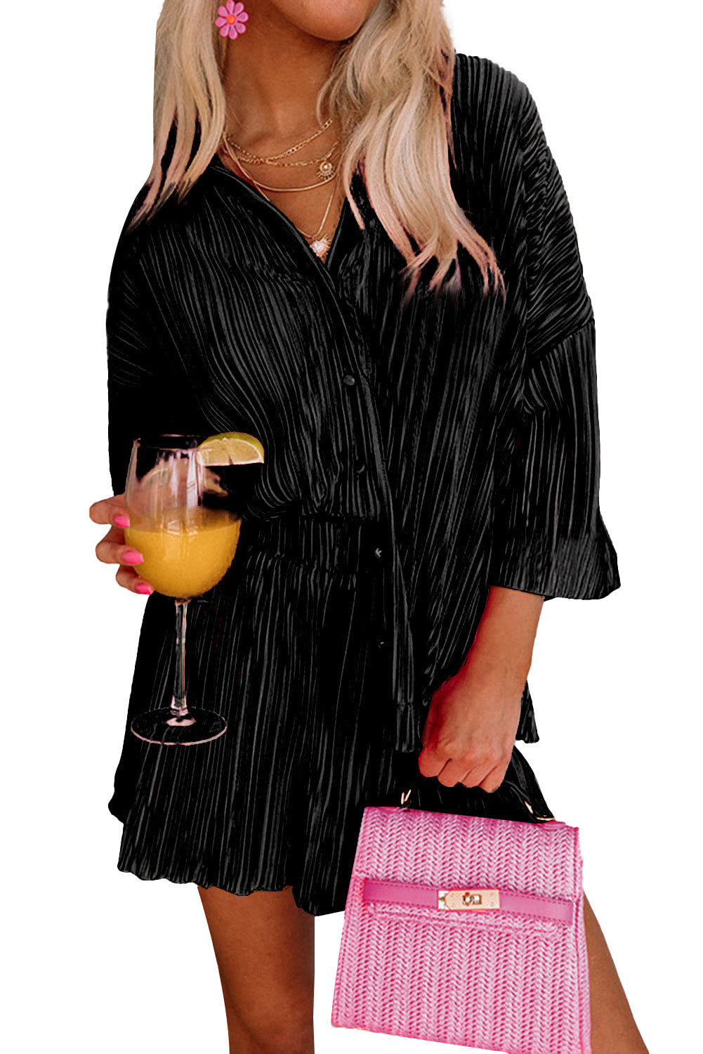 Black 3/4 Sleeves Pleated Shirt and High Waist Shorts Lounge Set