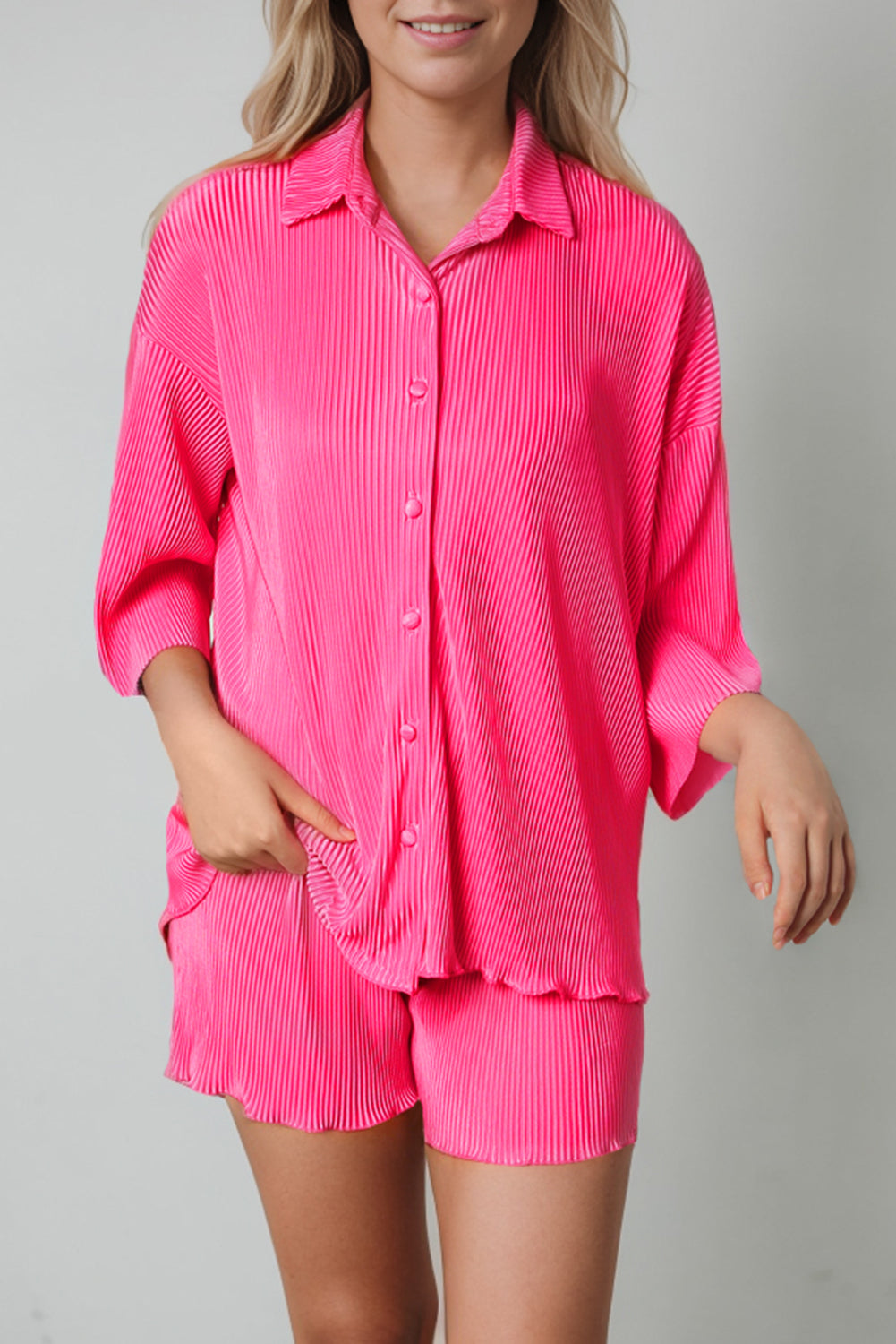 Black 3/4 Sleeves Pleated Shirt and High Waist Shorts Lounge Set