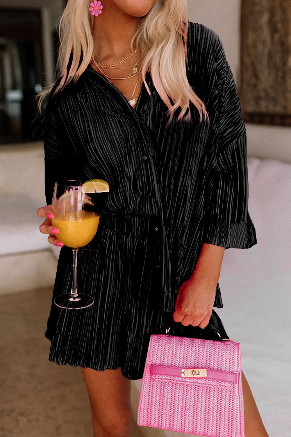 Black 3/4 Sleeves Pleated Shirt and High Waist Shorts Lounge Set