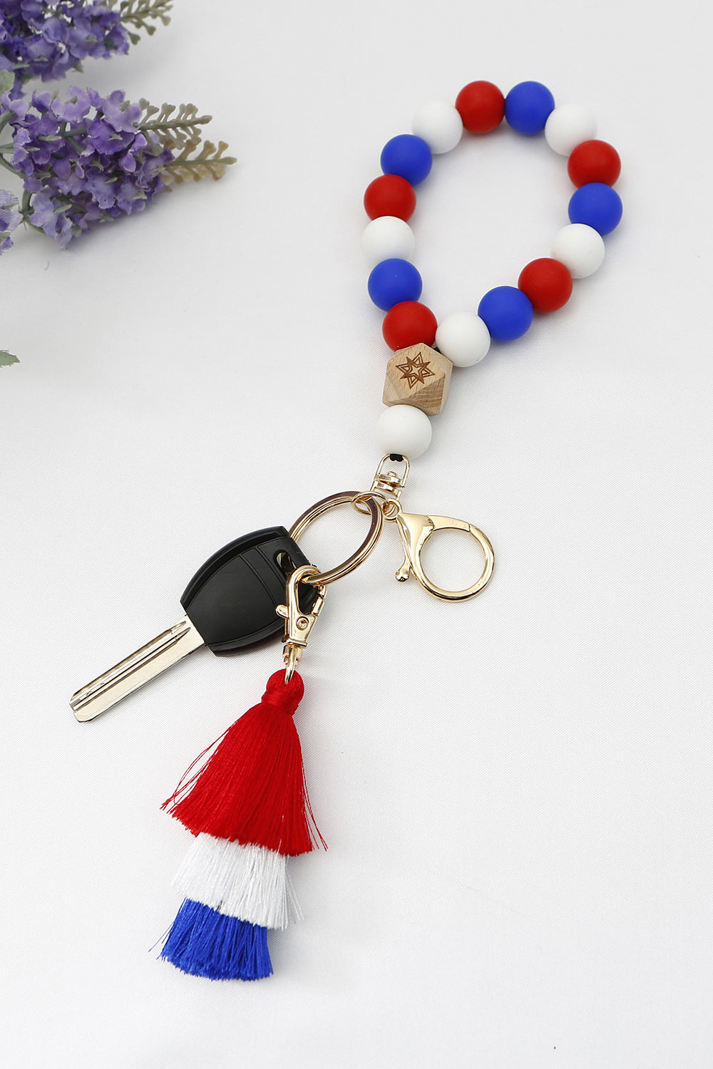 Red White and Blue Silicone Bead Wristlet Key Chain