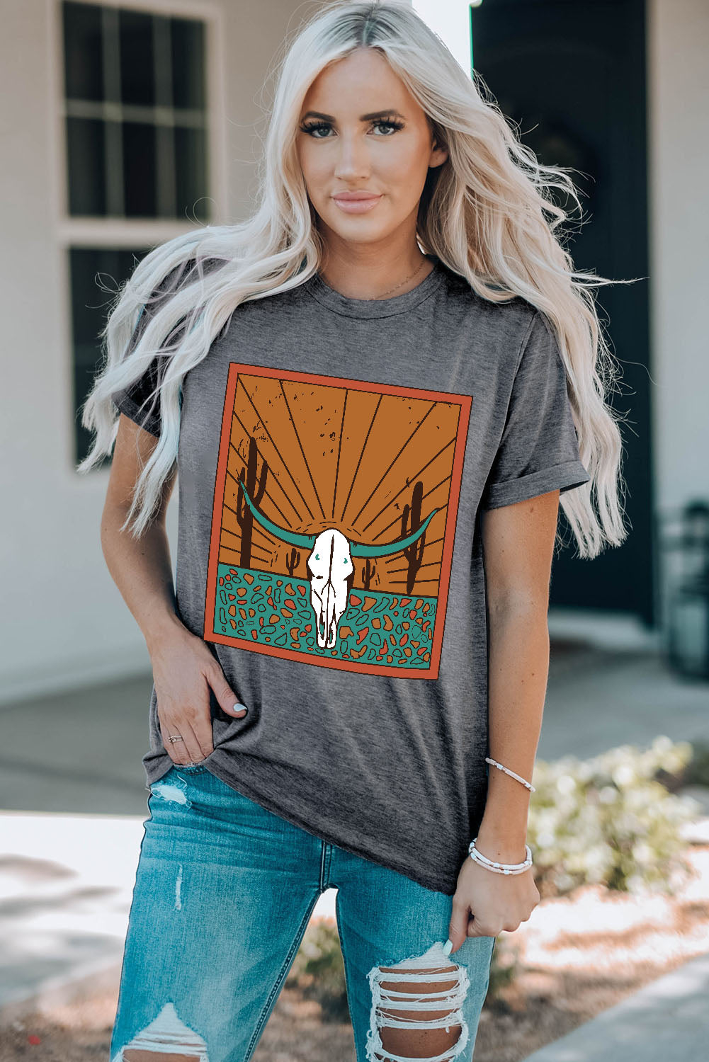 Bull Skull Graphic Round Neck Tee