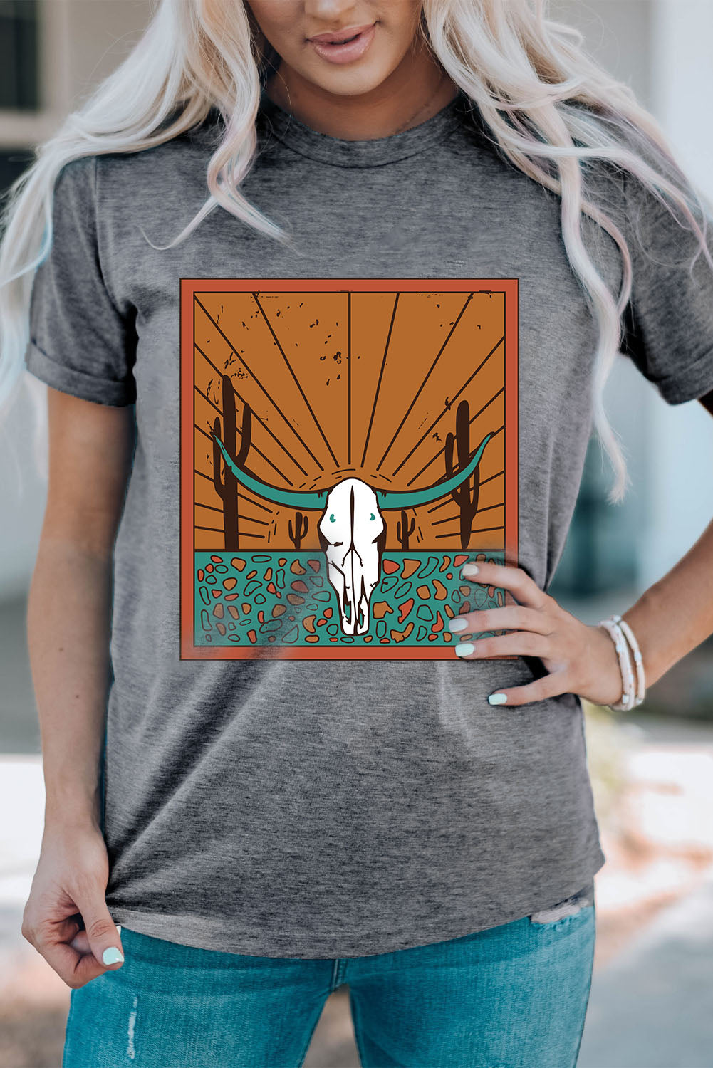 Bull Skull Graphic Round Neck Tee