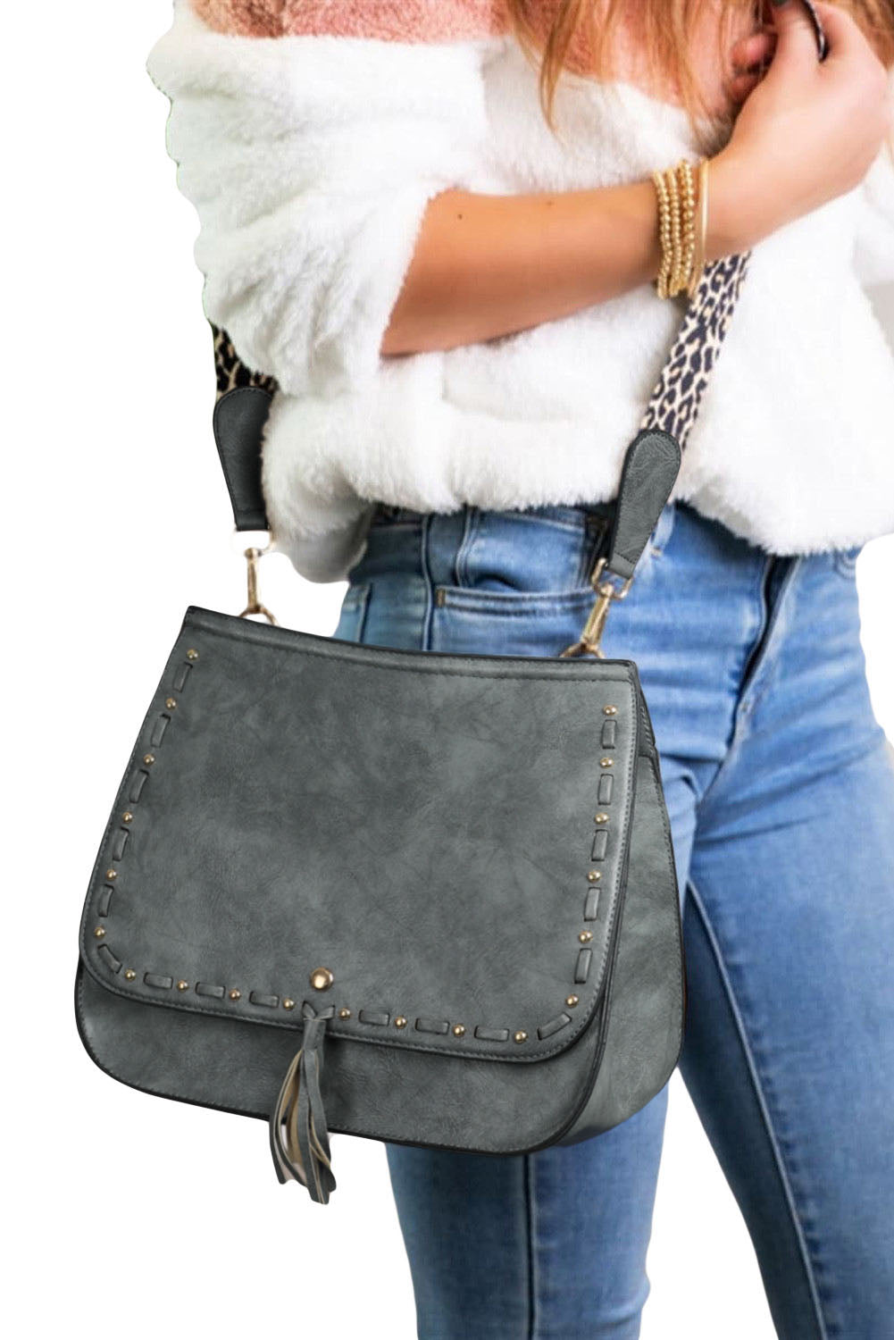 Leopard Strap Tassel Decor Messenger Bag