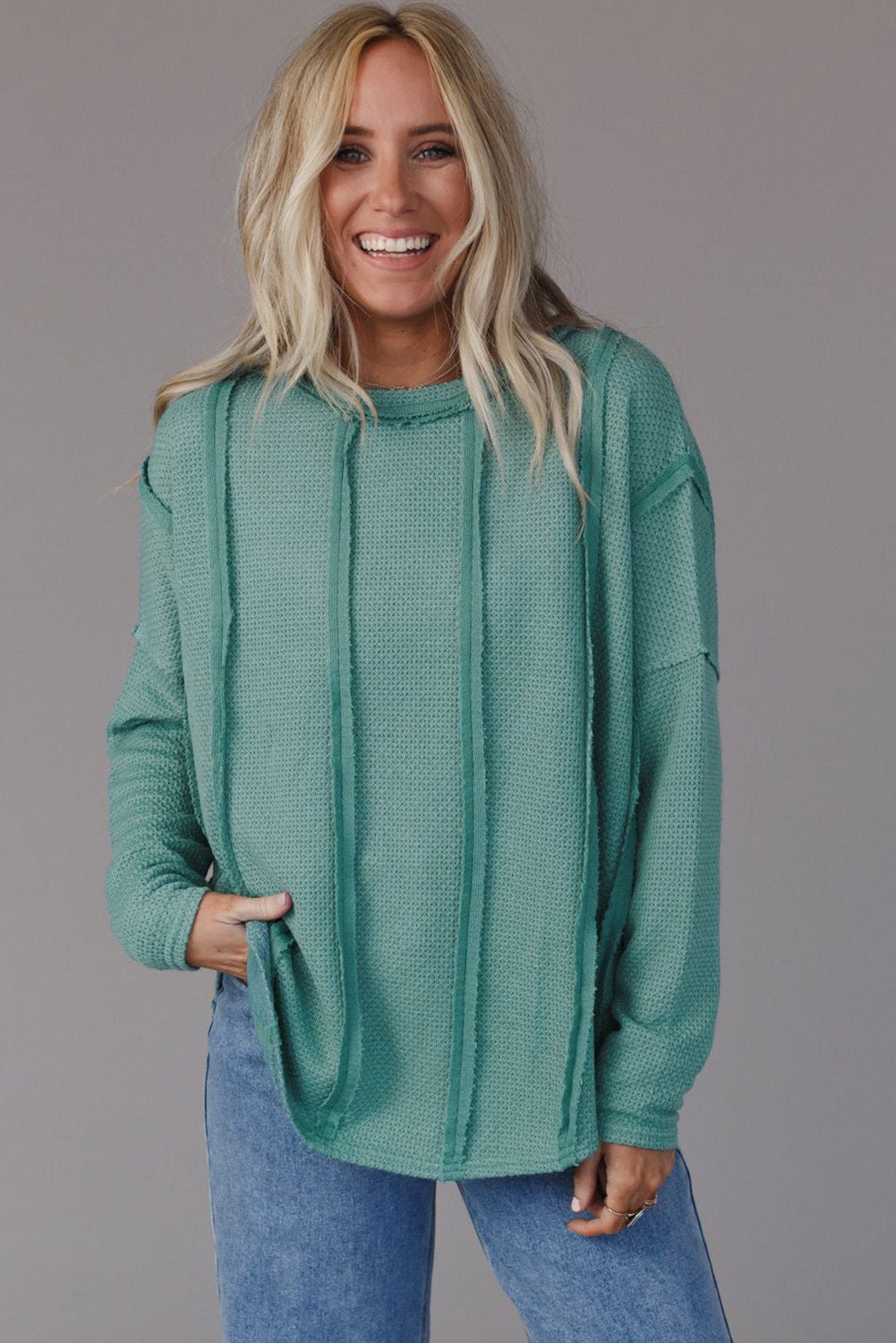 Exposed Seam Waffle Knit Loose Top
