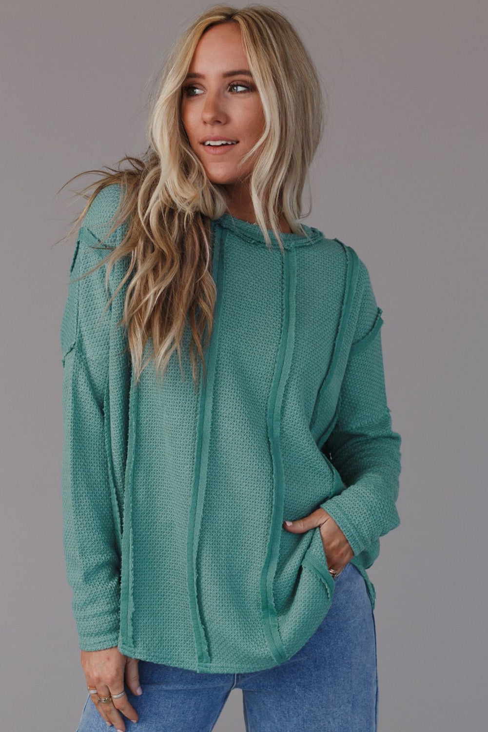 Exposed Seam Waffle Knit Loose Top