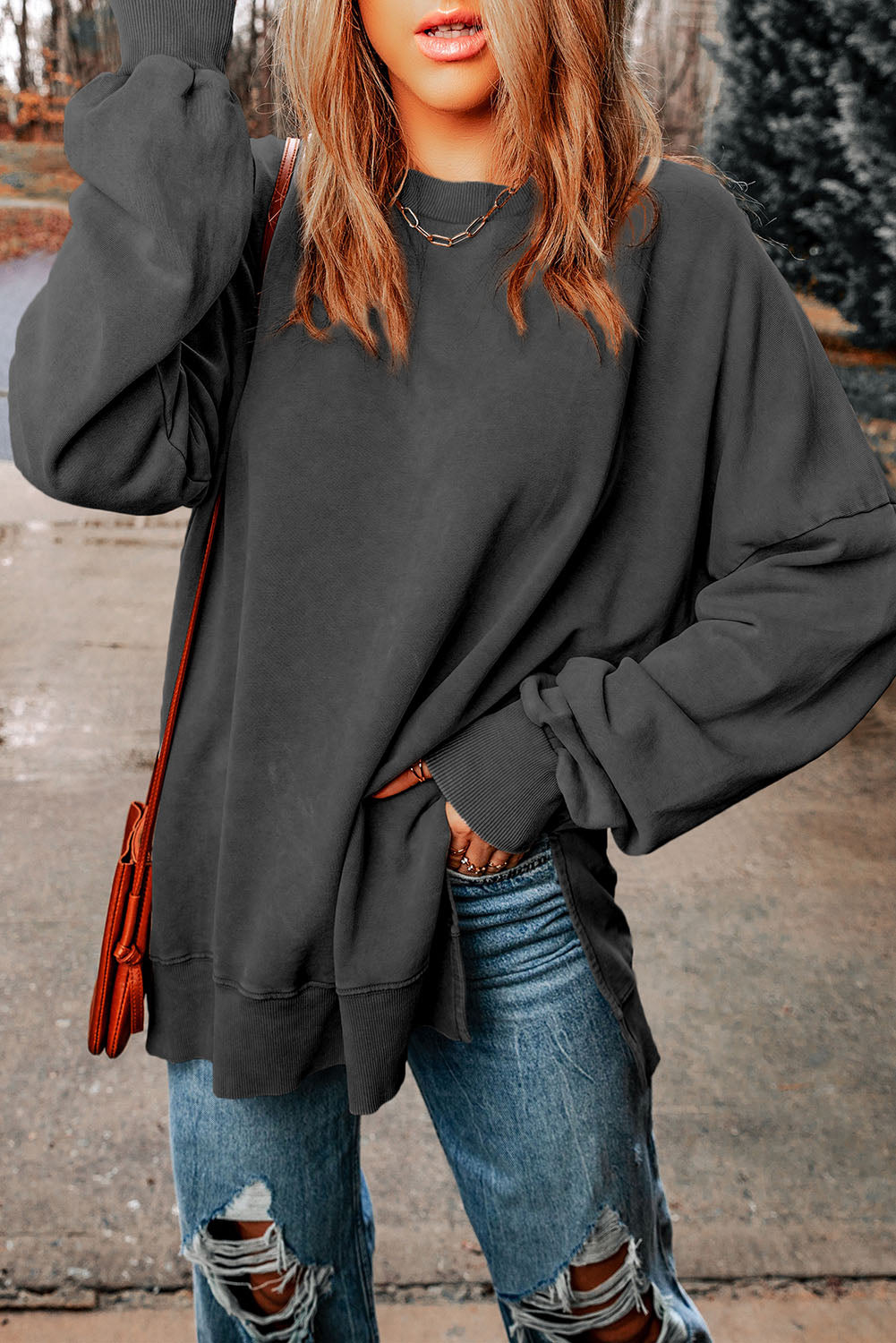 Khaki Drop Shoulder Ribbed Trim Oversized Sweatshirt