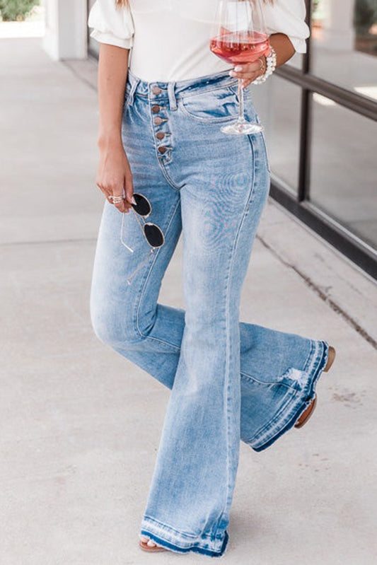 High Waist Buttoned Distressed Flared Jeans