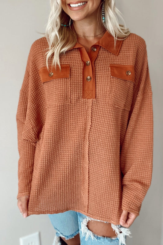 Waffle Knit Button Contrast Trim Long Sleeve Top