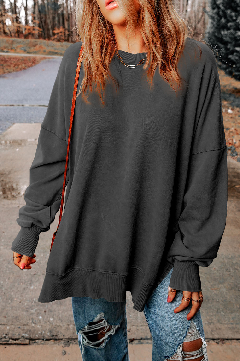 Khaki Drop Shoulder Ribbed Trim Oversized Sweatshirt