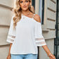 Asymmetrical Neck Sheer Striped Flare Sleeve Blouse