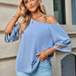 Asymmetrical Neck Sheer Striped Flare Sleeve Blouse