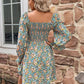 Floral Smocked Flounce Sleeve Square Neck Dress