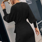 Belted Surplice Lantern Sleeve Wrap Sweater Dress