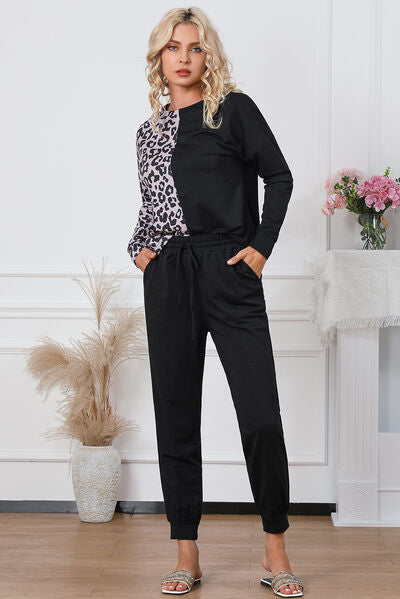 Leopard Round Neck Top and Drawstring Pants Lounge Set