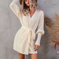 Belted Surplice Lantern Sleeve Wrap Sweater Dress