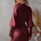 Belted Surplice Lantern Sleeve Wrap Sweater Dress