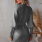 Belted Surplice Lantern Sleeve Wrap Sweater Dress