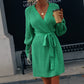 Belted Surplice Lantern Sleeve Wrap Sweater Dress