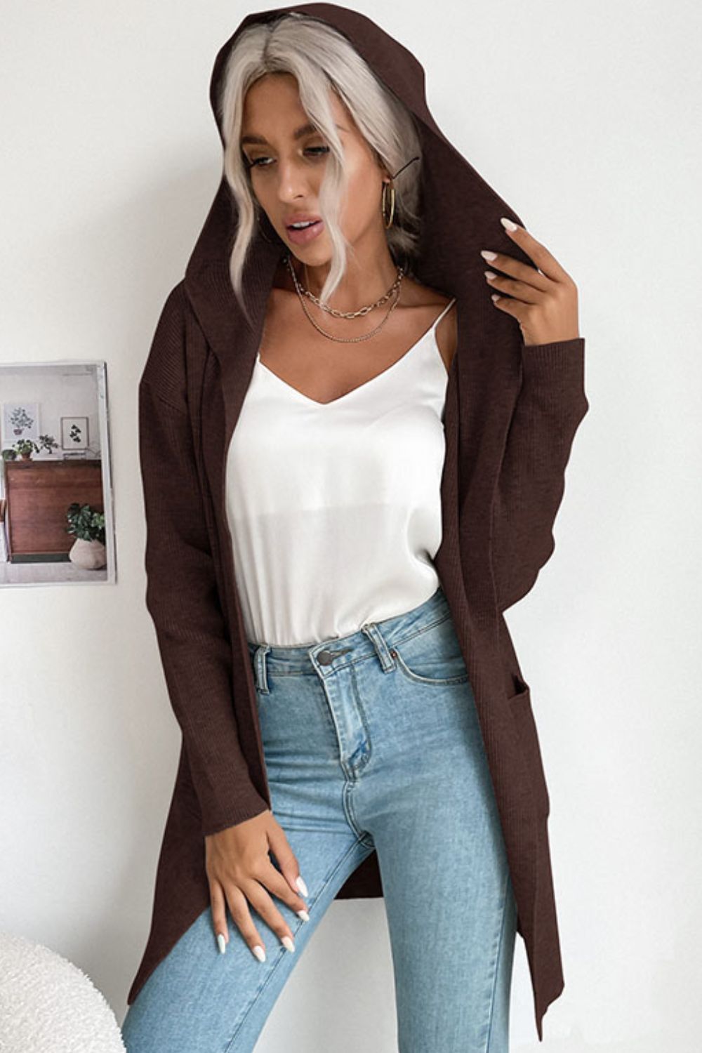 Ribbed Open Front Hooded Cardigan with Pockets