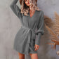 Belted Surplice Lantern Sleeve Wrap Sweater Dress