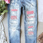 Leopard Patch Distressed Straight Leg Jeans