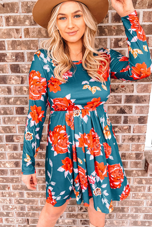 Floral Long Sleeve Pleated Detail Dress