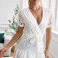 Floral Lace Pompom Detail Tie-Waist Flutter Sleeve Dress