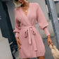 Belted Surplice Lantern Sleeve Wrap Sweater Dress
