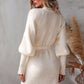 Belted Surplice Lantern Sleeve Wrap Sweater Dress