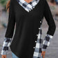 Plaid V-Neck Decorative Button Top