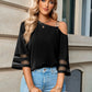 Asymmetrical Neck Sheer Striped Flare Sleeve Blouse