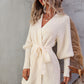 Belted Surplice Lantern Sleeve Wrap Sweater Dress