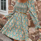 Floral Smocked Flounce Sleeve Square Neck Dress