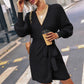 Belted Surplice Lantern Sleeve Wrap Sweater Dress