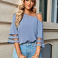 Asymmetrical Neck Sheer Striped Flare Sleeve Blouse