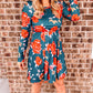 Floral Long Sleeve Pleated Detail Dress