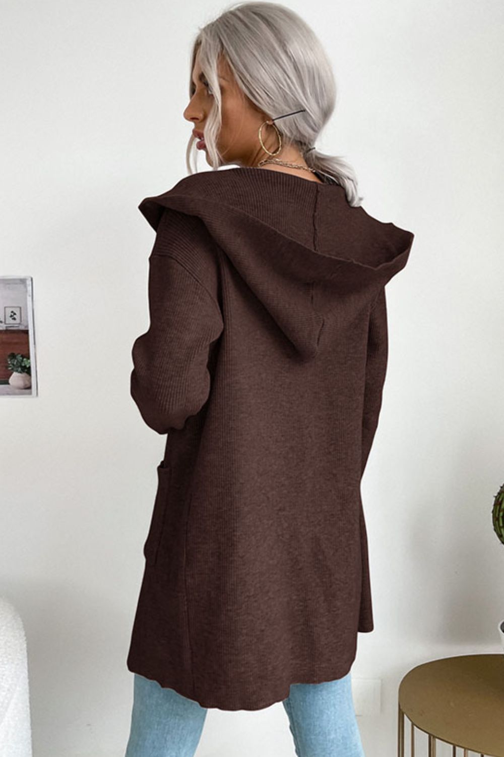 Ribbed Open Front Hooded Cardigan with Pockets