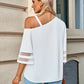 Asymmetrical Neck Sheer Striped Flare Sleeve Blouse